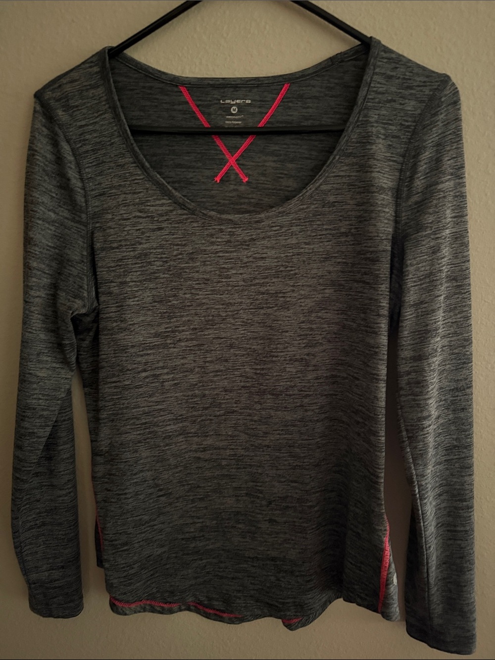 Layer 8 Heather Gray Long-Sleeve Scoop Neck Top with Pink Trim